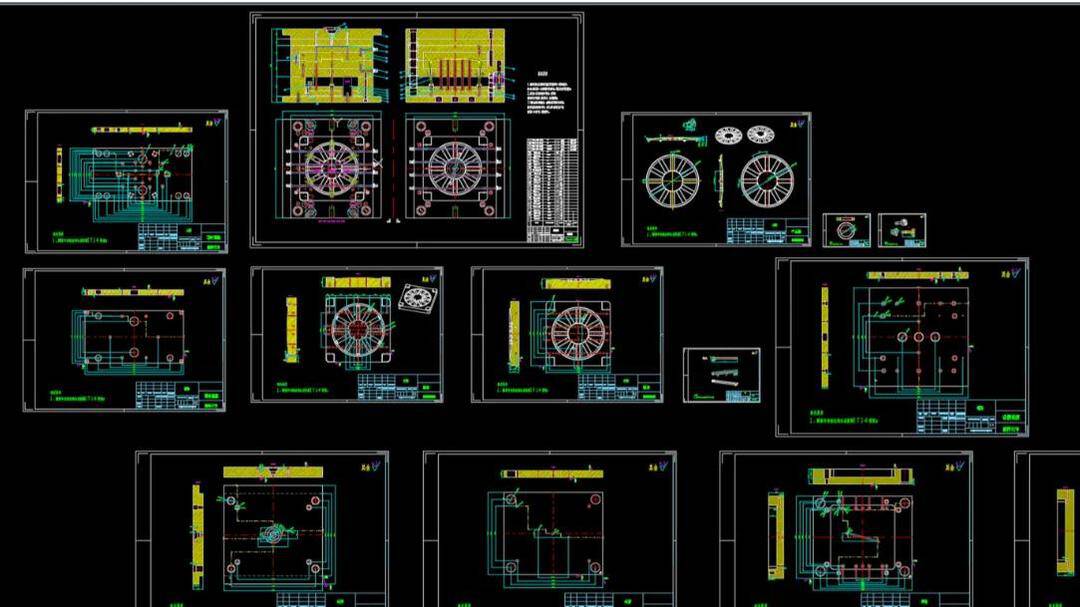Injection mold design drawings, illustrating complex mold structures and details.