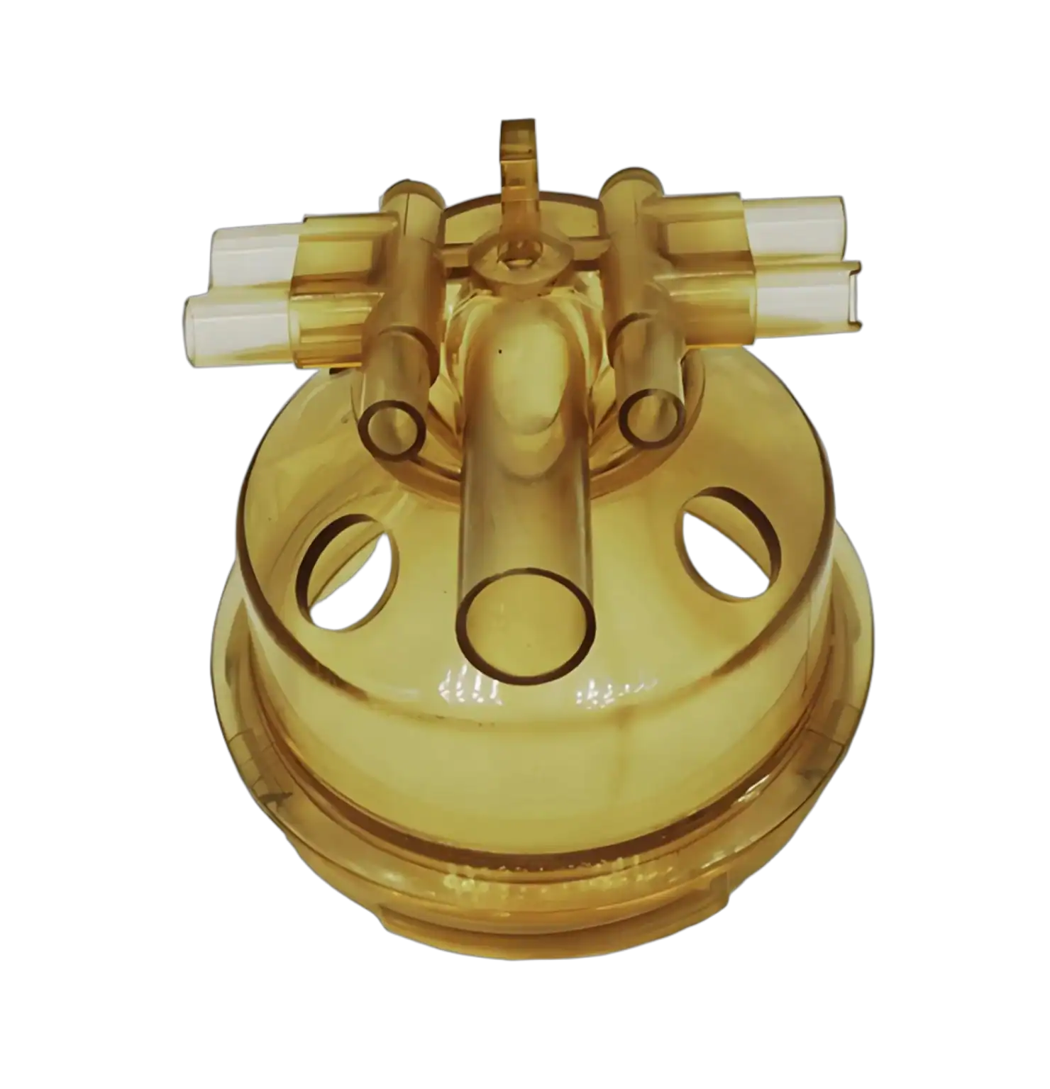 Injection molds are used to produce gold-colored plastic parts for industrial manufacturing.