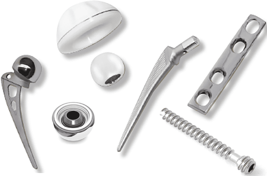 Showcase of CNC-machined medical parts made from various metals.