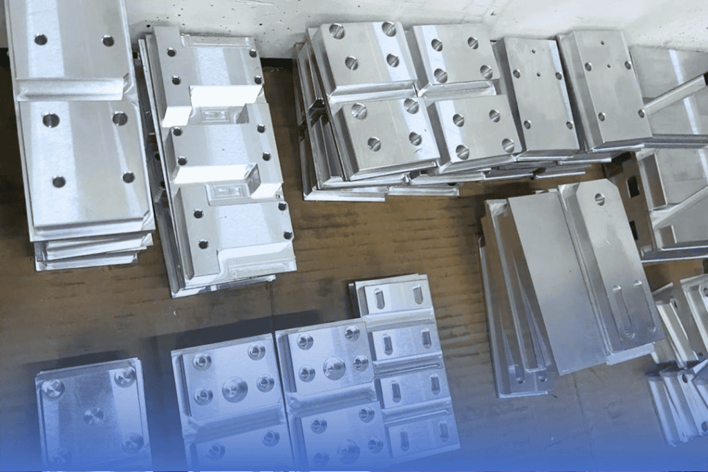 Aluminum CNC machined parts stacked on a wooden surface for manufacturing.