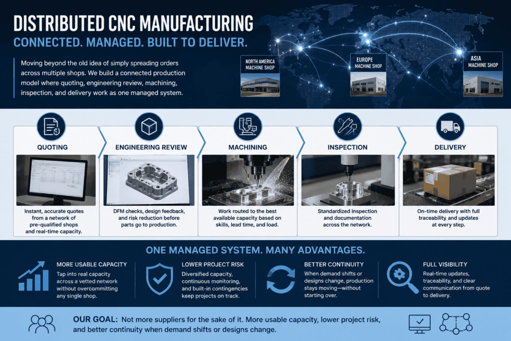 High-precision CNC machining process with inspection and delivery stages at 6 CNC.