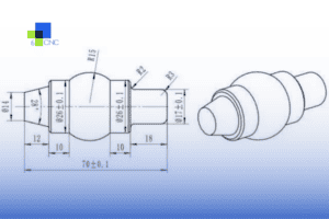 Precision CNC machined metal component technical drawing with detailed dimensions.