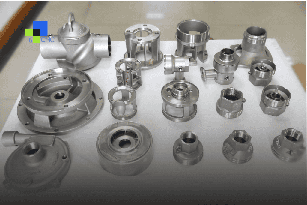 Precision CNC machined parts displayed on a workbench, showcasing various tolerances and finishes.