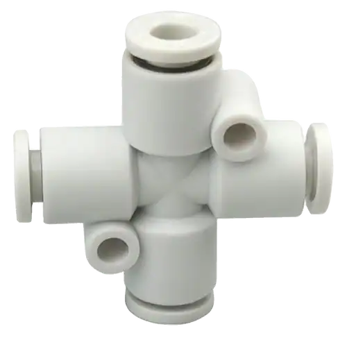White CNC machined fitting with multiple ports for fluid connection, precision-engineered for indust.