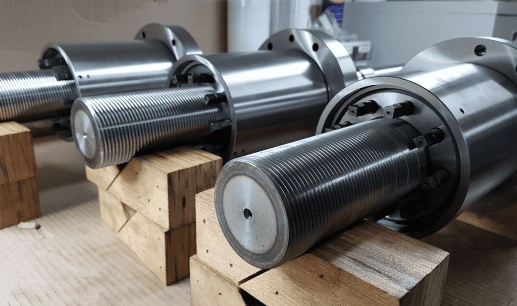 High-precision CNC machine parts with metal components on wooden supports.