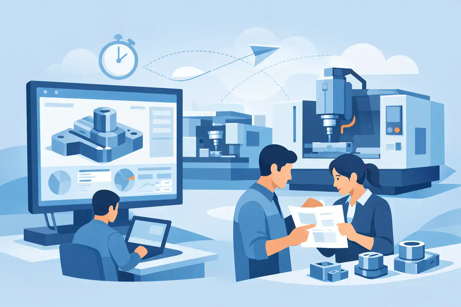 High-precision CNC machining process with engineers reviewing digital designs in a modern manufactur.