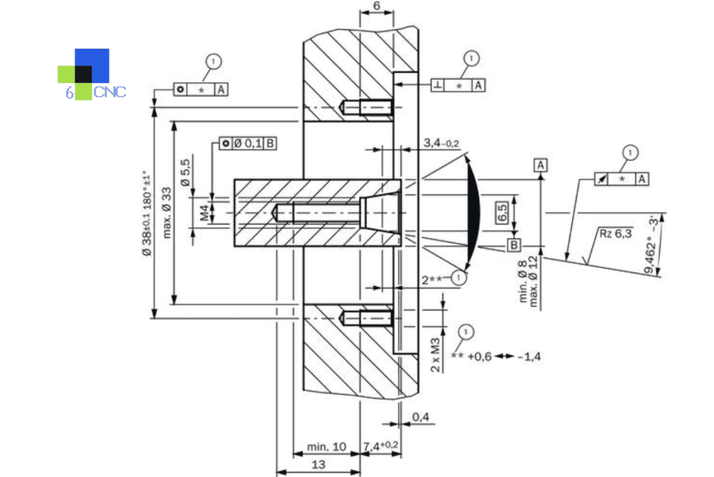A detailed technical drawing of a machined part illustrating tolerance specifications for CNC manufa.