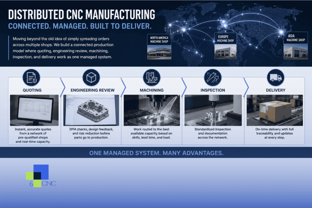 High-precision CNC machining process with engineering review and inspection steps.