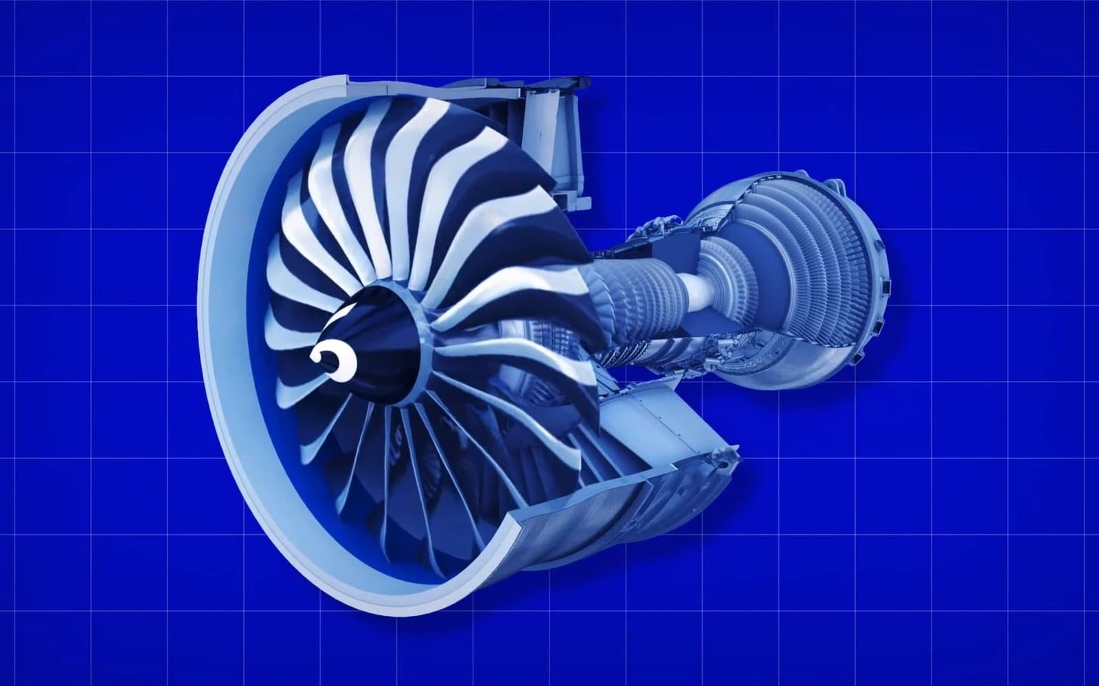 High-precision CNC turbine engine component in blue, detailed engineering design.
