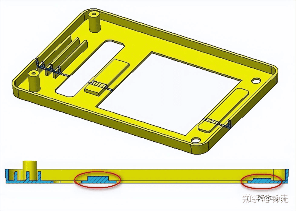 High-precision CNC machined yellow plastic part with detailed internal features and cross-sectional.