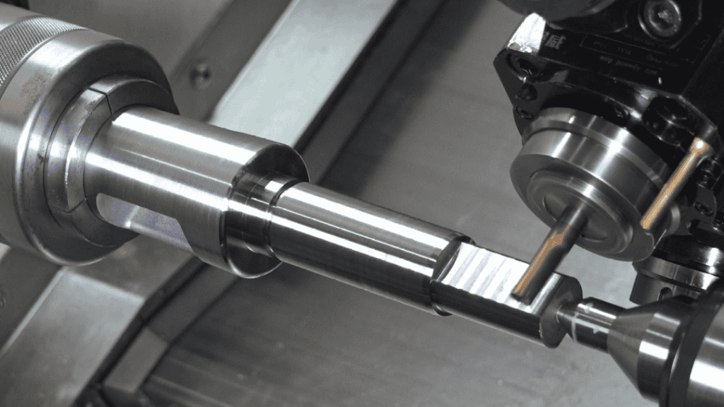 High-precision CNC machining process with metal workpiece on industrial lathe machine.