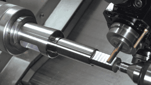 High-precision CNC machining process with metal workpiece on industrial lathe machine.