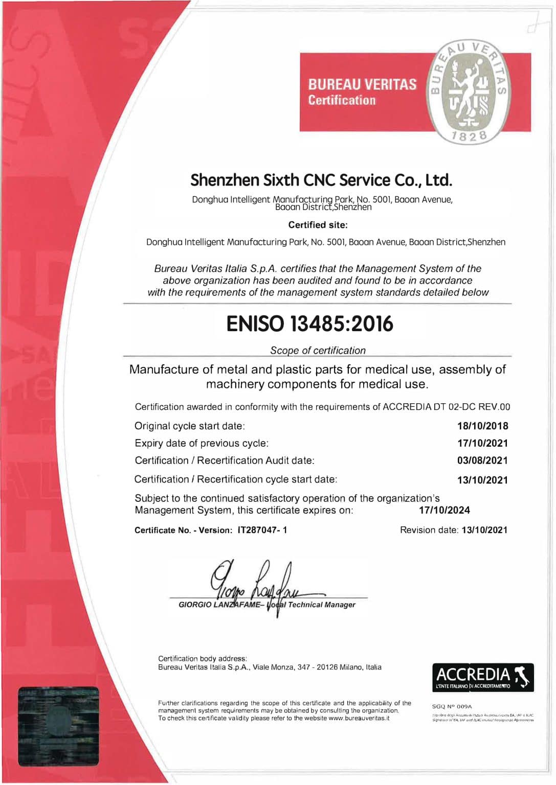 Certification document for custom CNC parts manufacturing by Shenzhen Sixth CNC Service Co. Ltd.