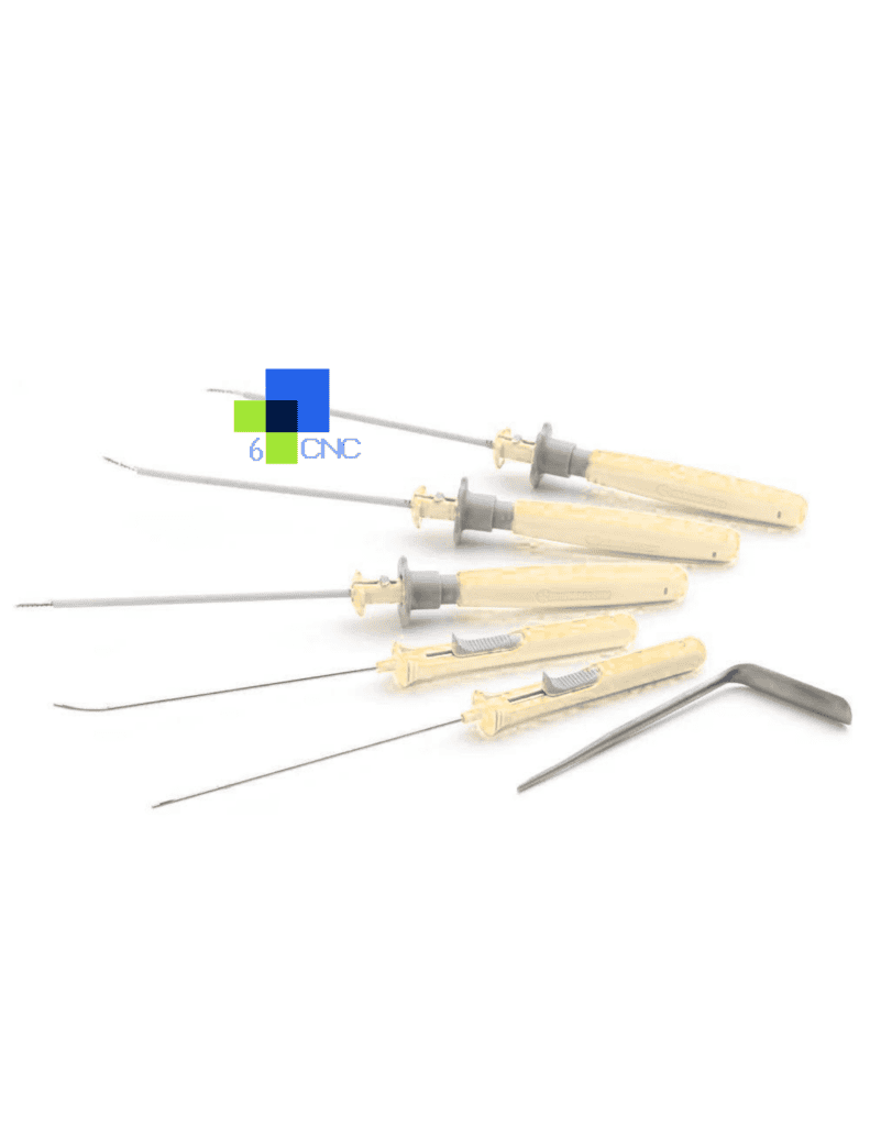 Set of CNC-machined surgical tools with handles and needles for medical use.