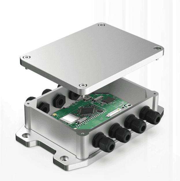 High-precision electronic enclosure with circuit board and cable connectors for industrial use.