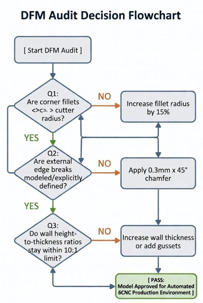 Flowchart of DFM audit decision process for CNC part manufacturing.
