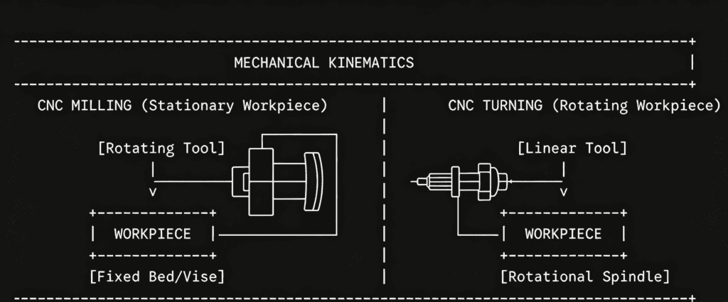 CNC machining process diagram showing stationary and rotating workpieces with tools.