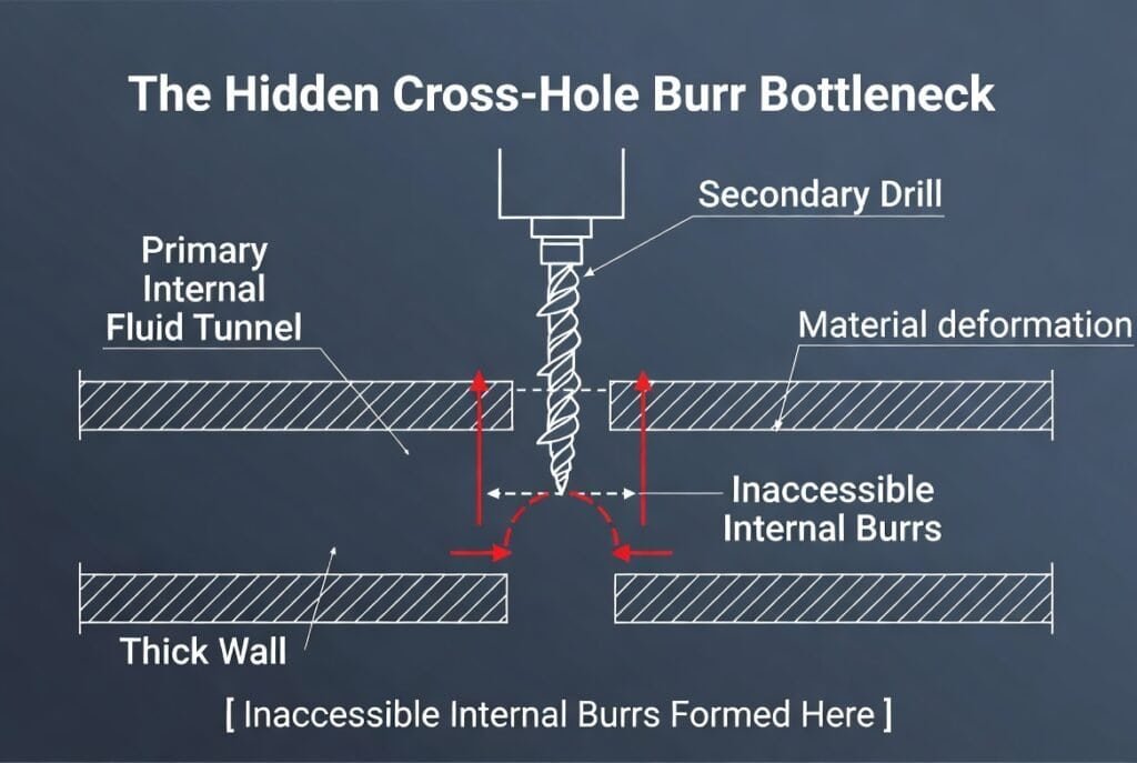 The Hidden Cross-Hole Burr Bottleneck - CNC machining illustration showing drill, material deformati.