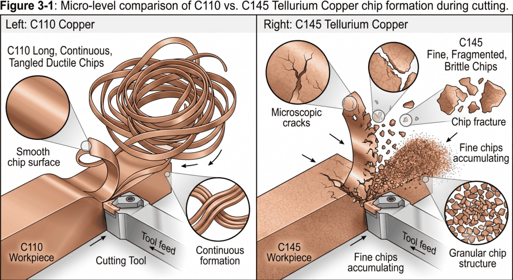 Comparison of C110 and C145 copper chips during CNC machining with detailed features.