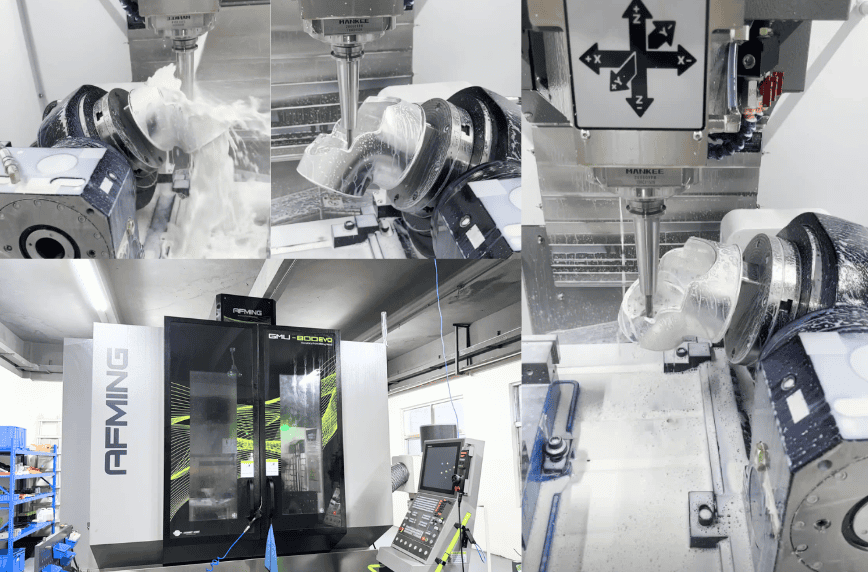 A high-precision CNC machining process with automated equipment and coolant system.
