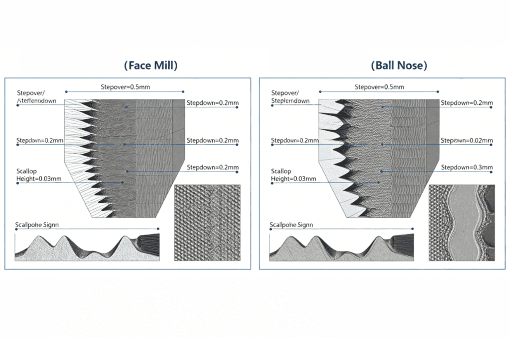 Comparison of Operating Principles: This figure illustrates a microscopic comparison of the surface waviness and residual scallop height generated by a face milling cutter and a ball-nose cutter under different stepover and step-down settings. [Figure 4-1]
