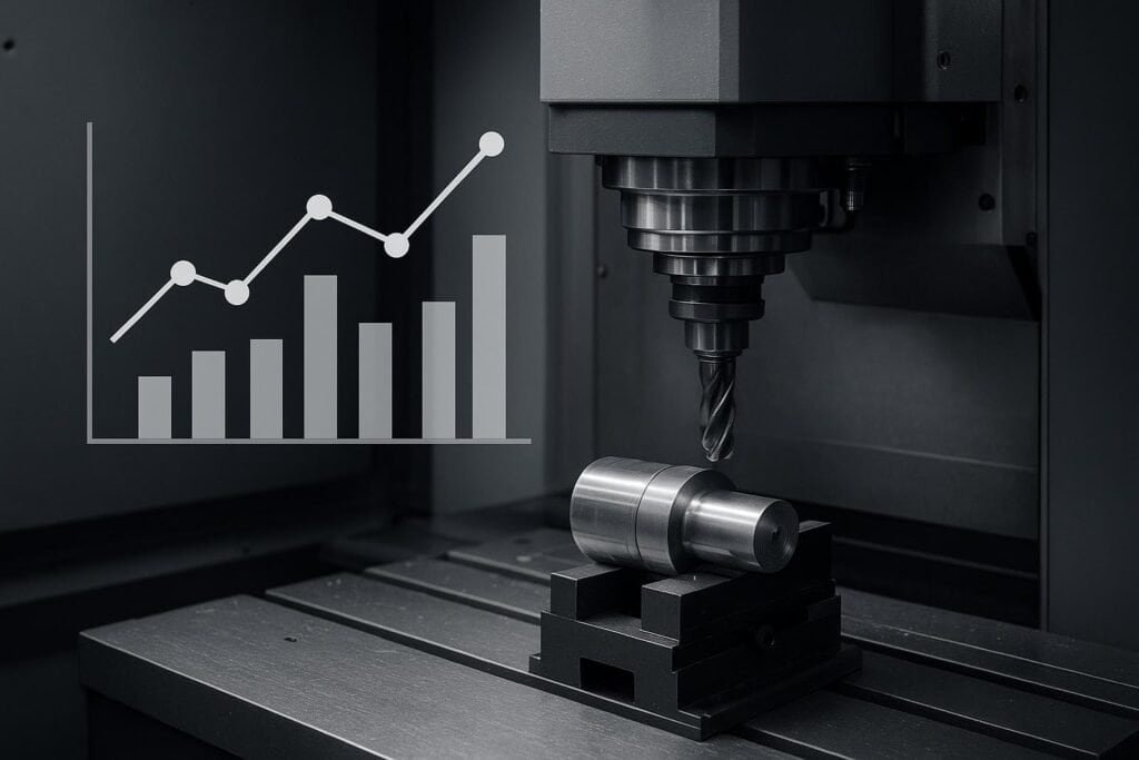 CNC machine drilling metal cylinder on industrial manufacturing equipment.