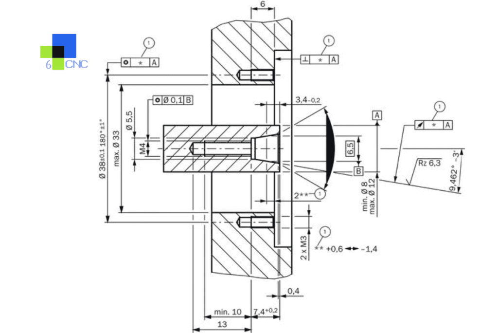 Detaillierte technische Zeichnung eines bearbeiteten Bauteils mit Toleranzangaben für die CNC-Fertigung.