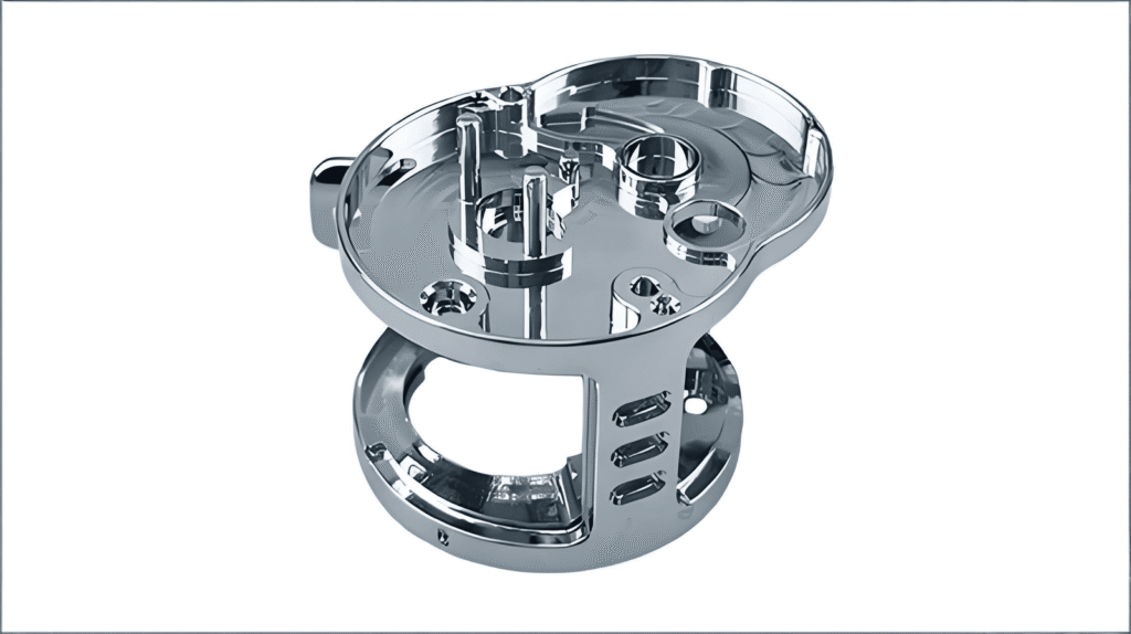 Hochpräzises CNC-gefertigtes Metallbauteil mit komplexer Geometrie und polierter Oberfläche.