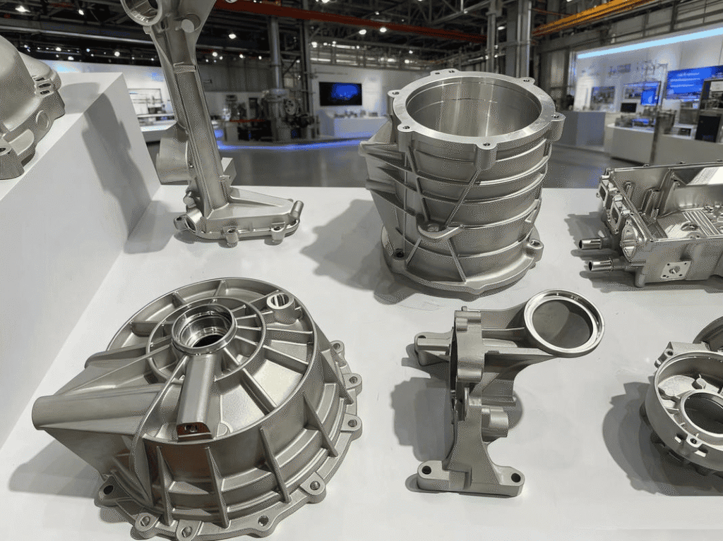 Hochpräzise CNC-Metallteile auf einer Fertigungsmesse.
