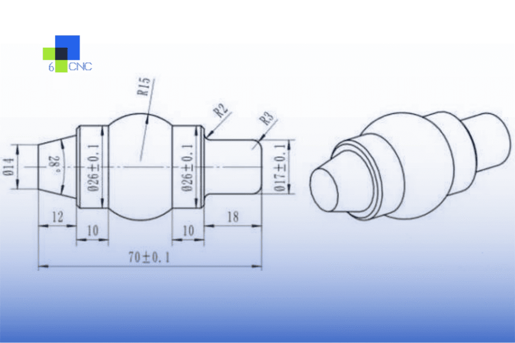 Technische Zeichnung einer präzisen CNC-Metallkomponente mit detaillierter Bemaßung.