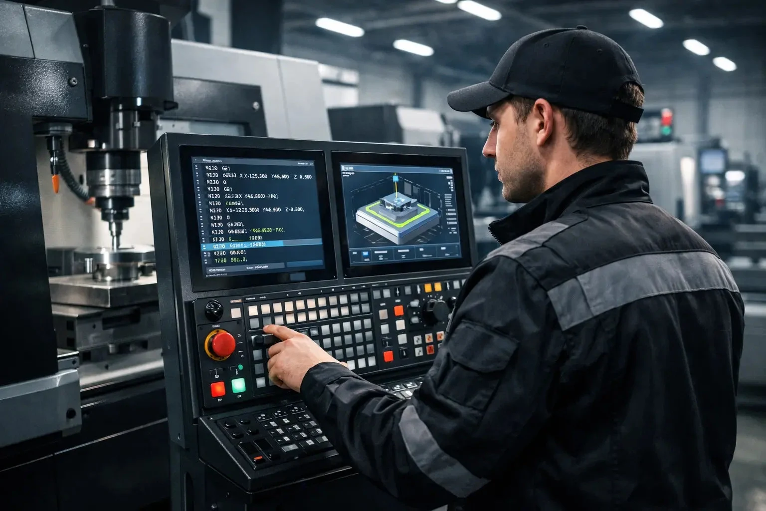 Machinist operating CNC programming interface
