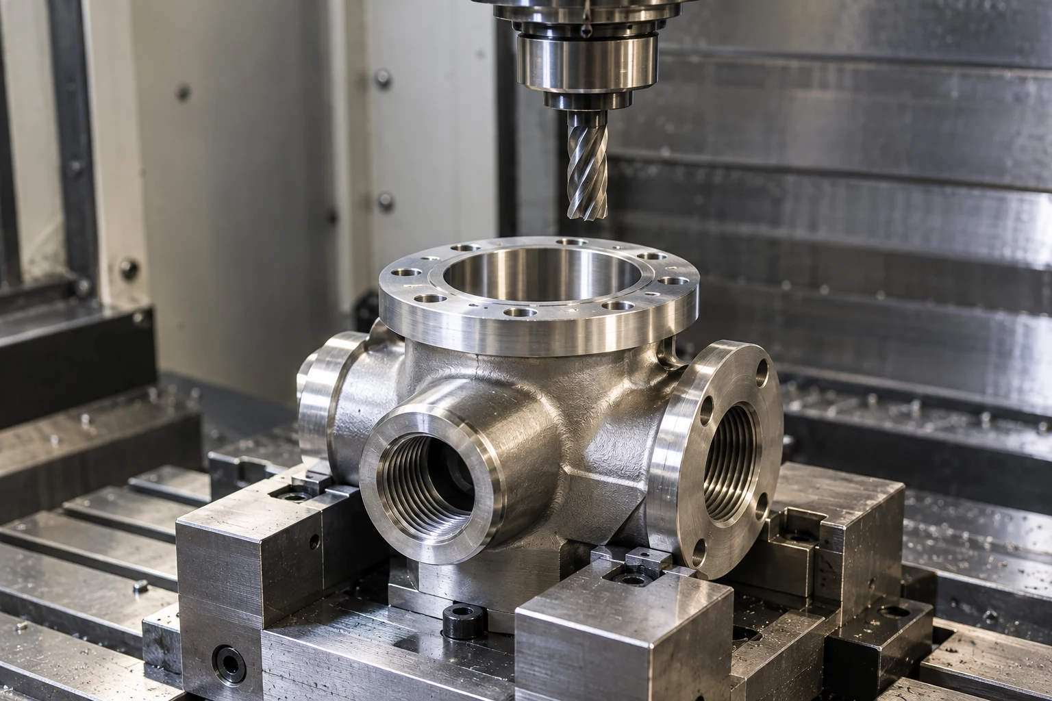 Edelstahl-Ventilgehäuse für die CNC-Bearbeitung gespannt