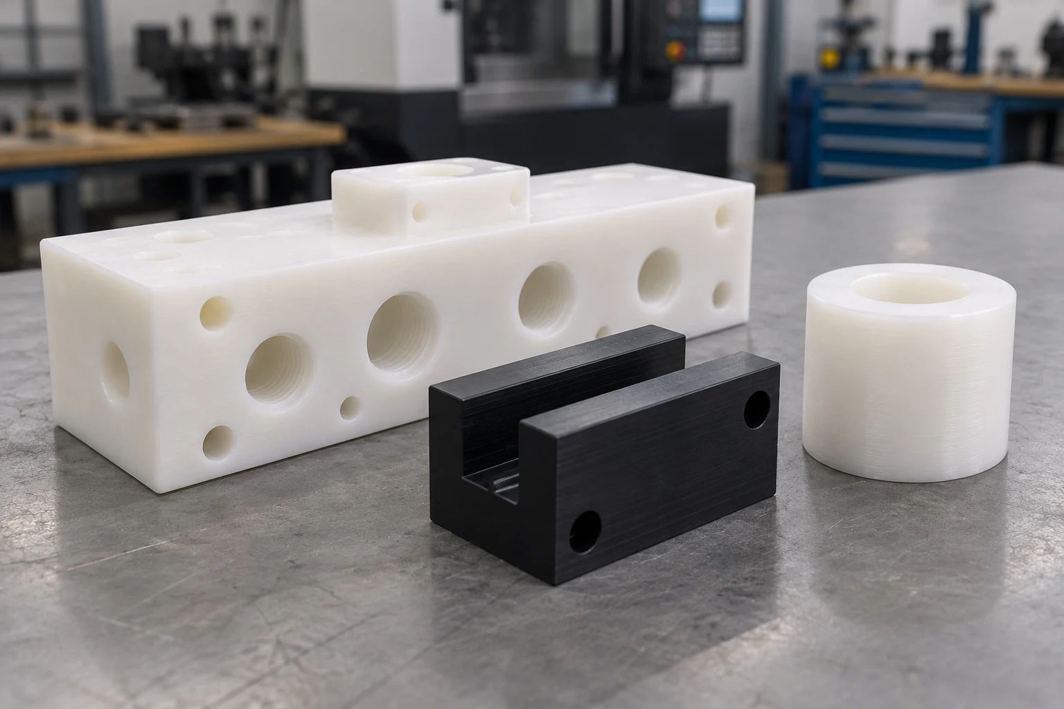Machined HDPE manifold block, slotted guide block, and turned spacer on a workshop bench