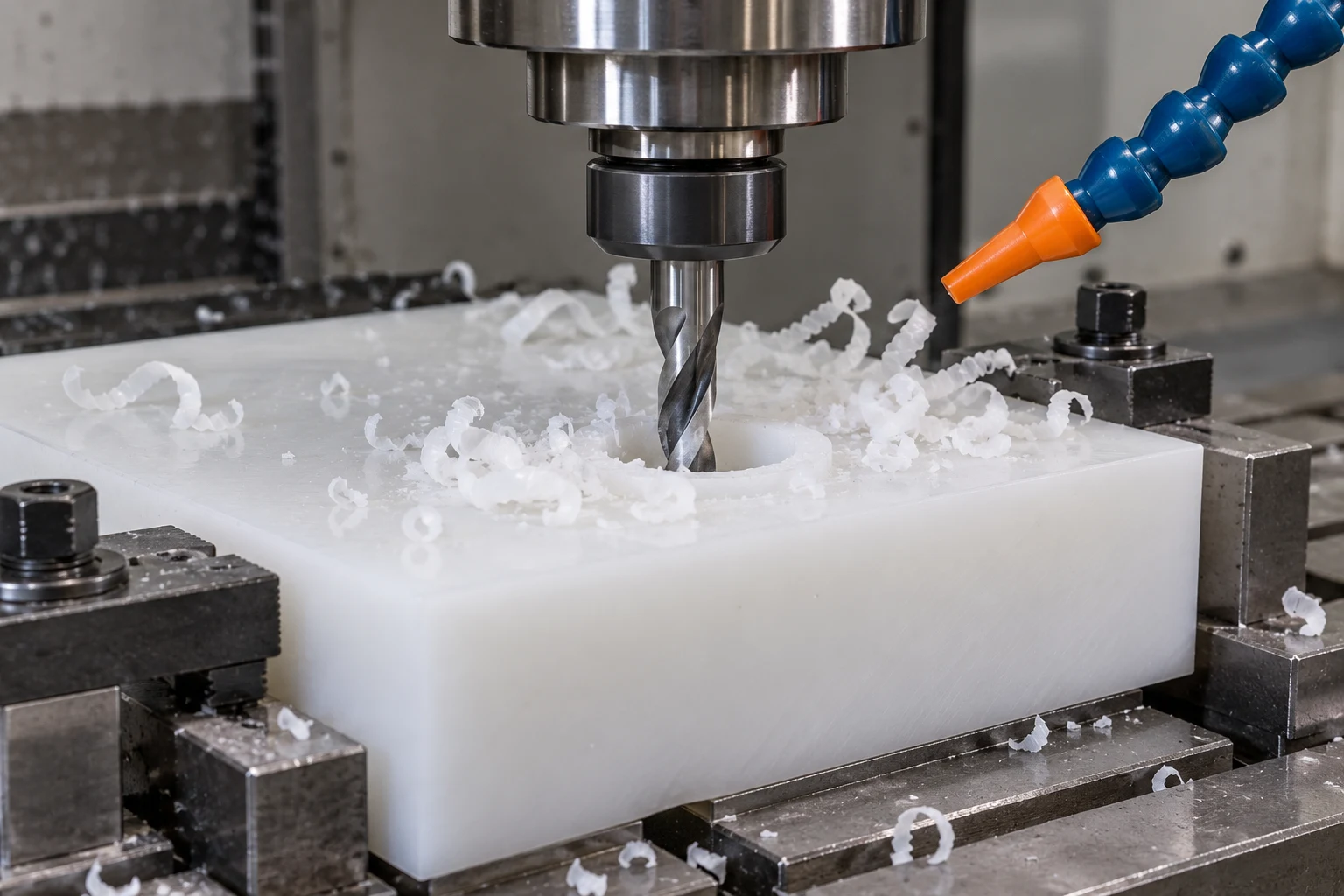 Drilling a supported white HDPE block with curled plastic chips around the hole