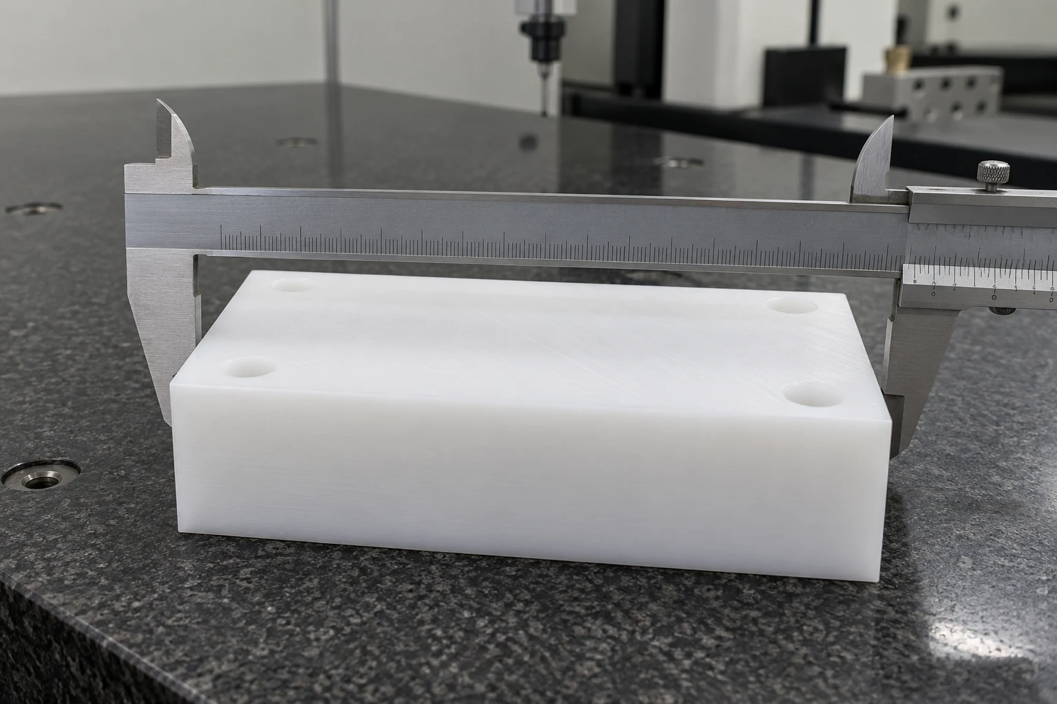 Dimensional inspection of a machined white HDPE block on a granite surface plate