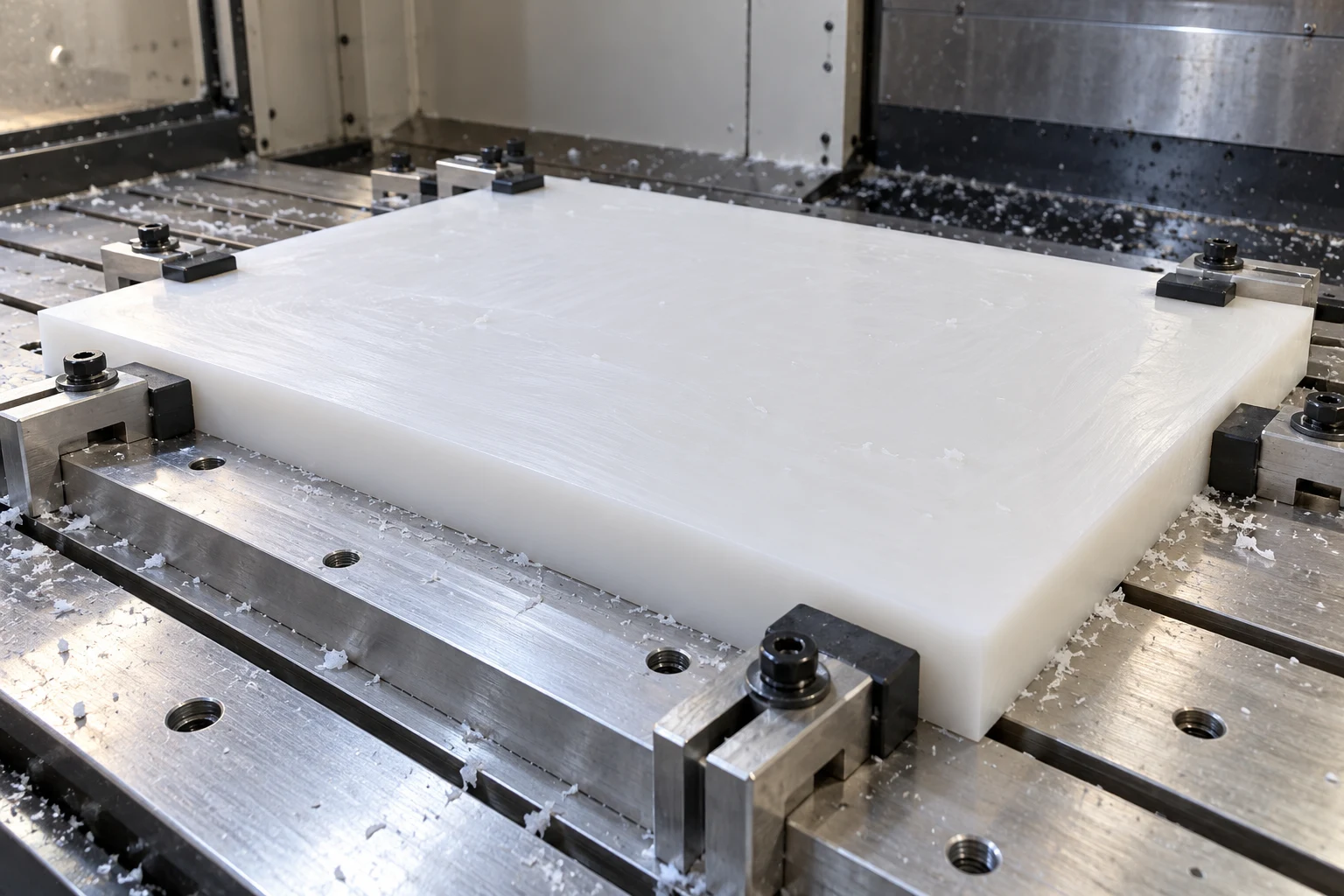 HDPE plate supported on a fixture with distributed low-profile edge clamps