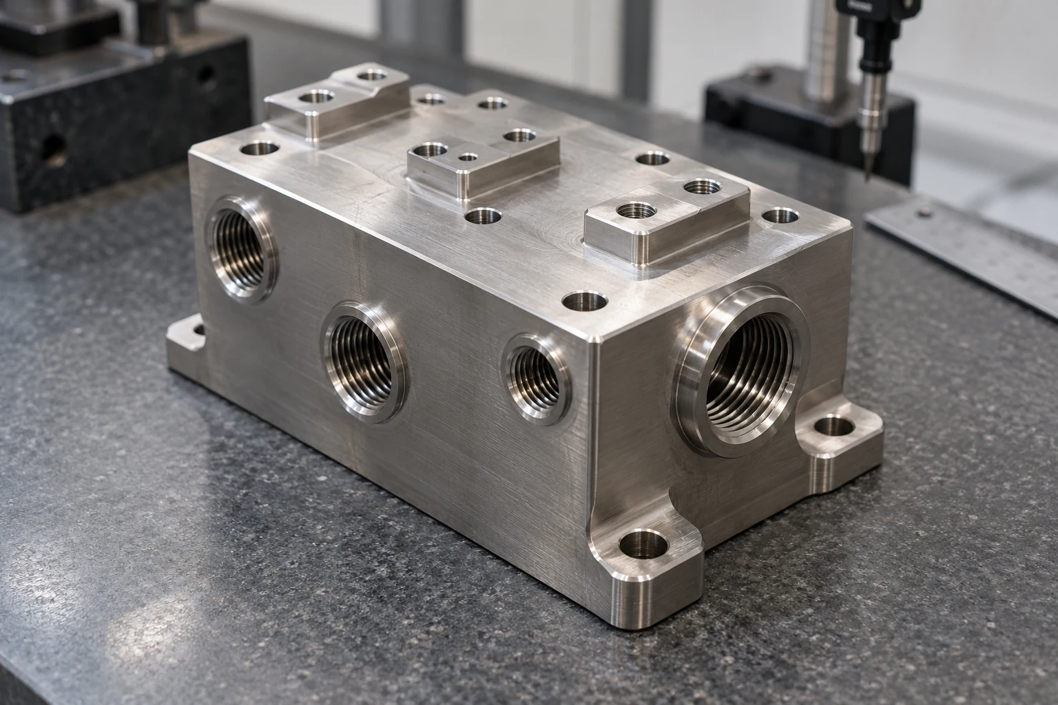 Edelstahlverteiler mit Gewindeanschlüssen und Ventilauflagen